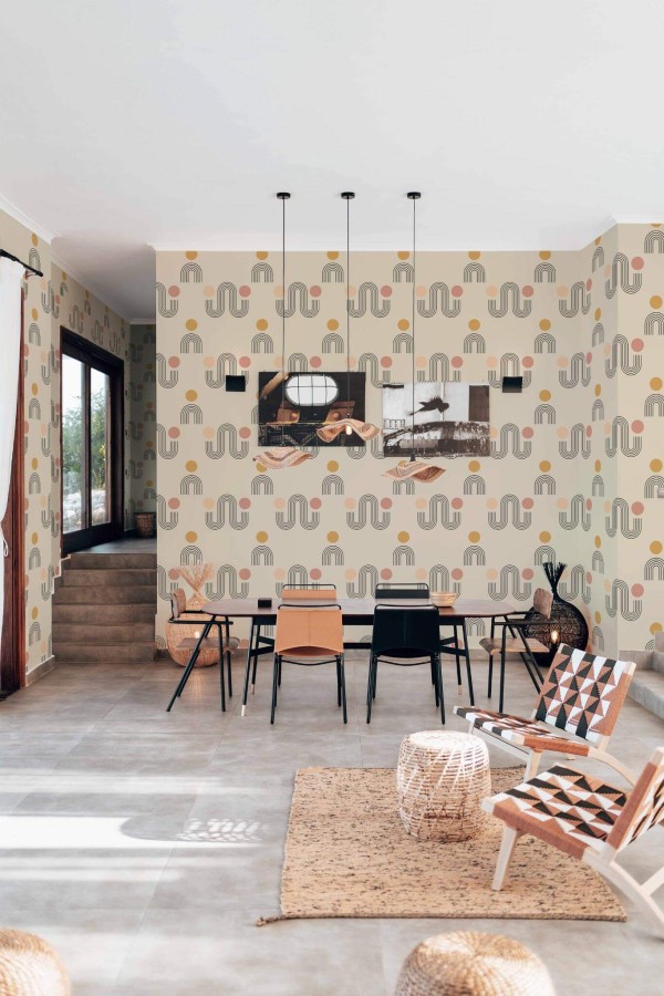 Modern boho style living dining room decorated with Boho modern peel and stick wallpaper