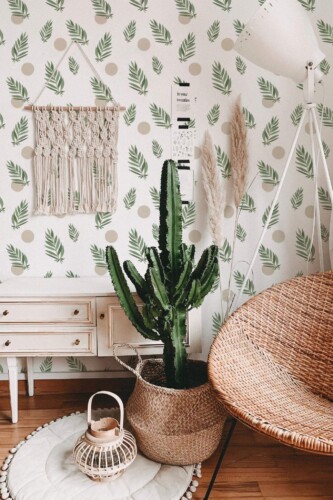 Bohemian style living room decorated with Boho neutral peel and stick wallpaper
