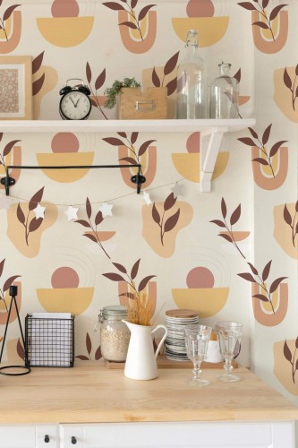 Light farmhouse style kitchen decorated with Boho pastel abstract peel and stick wallpaper