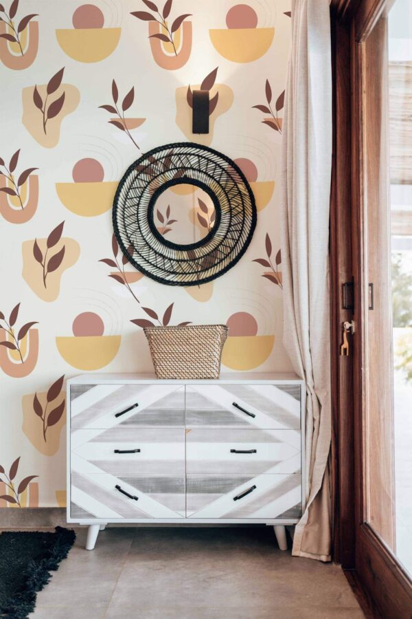 Modern farmhouse style living room decorated with Boho pastel abstract peel and stick wallpaper