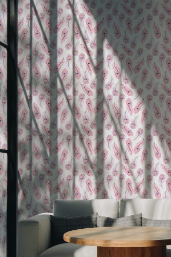 Scandinavian style living room decorated with Boho pink feather peel and stick wallpaper