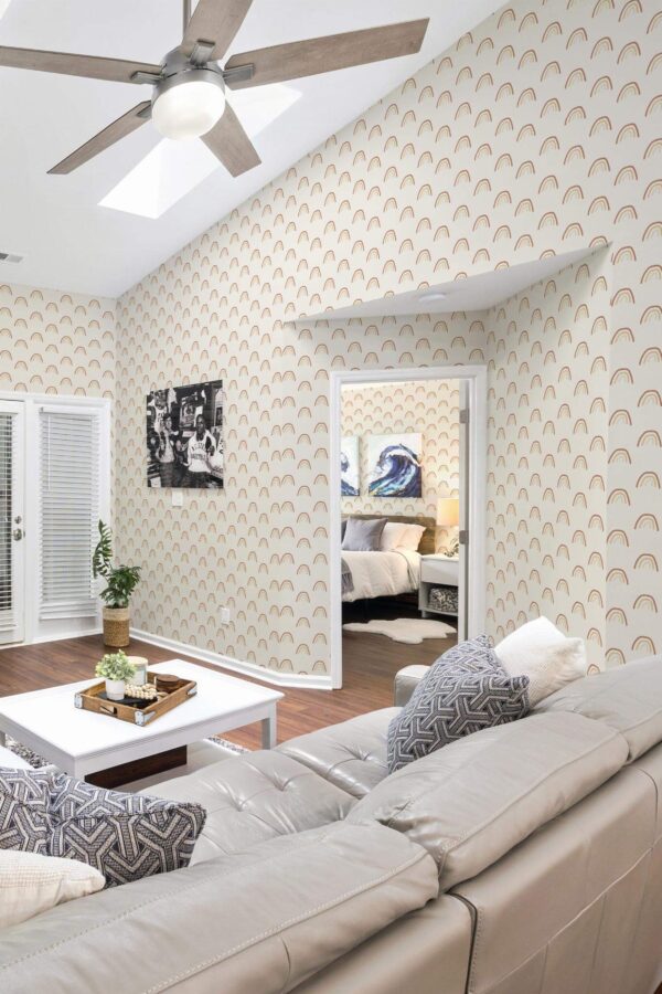 Coastal scandinavian style living room and bedroom decorated with Boho rainbow peel and stick wallpaper