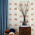 Coastal style living room decorated with Boho rainbows peel and stick wallpaper
