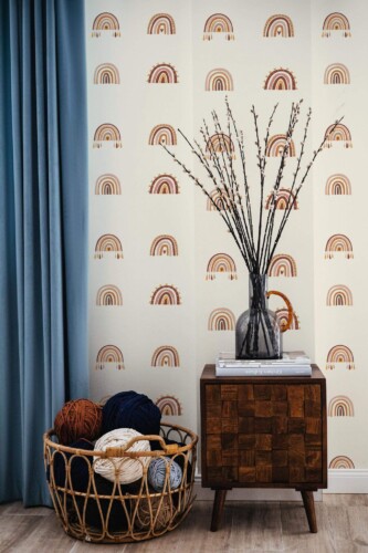 Coastal style living room decorated with Boho rainbows peel and stick wallpaper