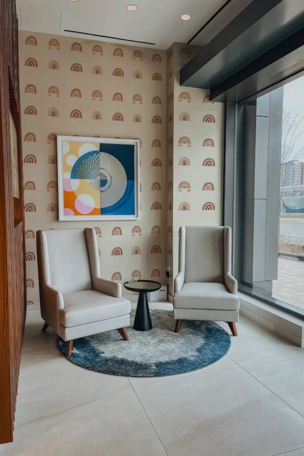 Mid-century-modern style living room decorated with Boho rainbows peel and stick wallpaper