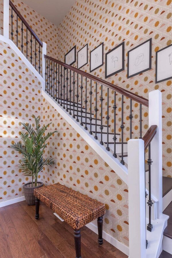 Rustic style entryway decorated with Boho sun peel and stick wallpaper
