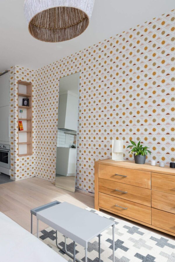 Scandinavian style small apartment decorated with Boho sun peel and stick wallpaper
