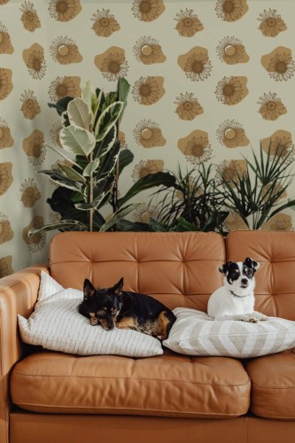 Mid-century modern style living room decorated with Boho sunflower peel and stick wallpaper