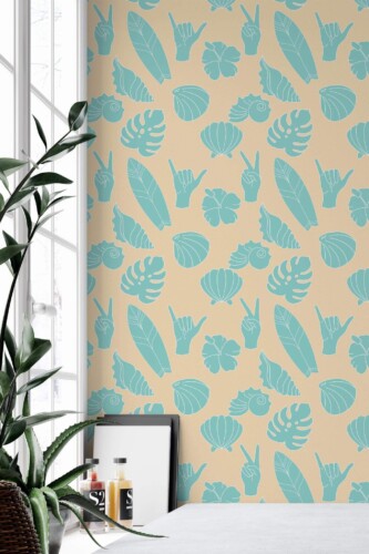 Minimal style home office decorated with Boho surf peel and stick wallpaper