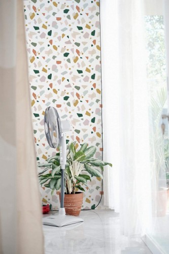 Minimal style living room decorated with Boho Terrazzo peel and stick wallpaper