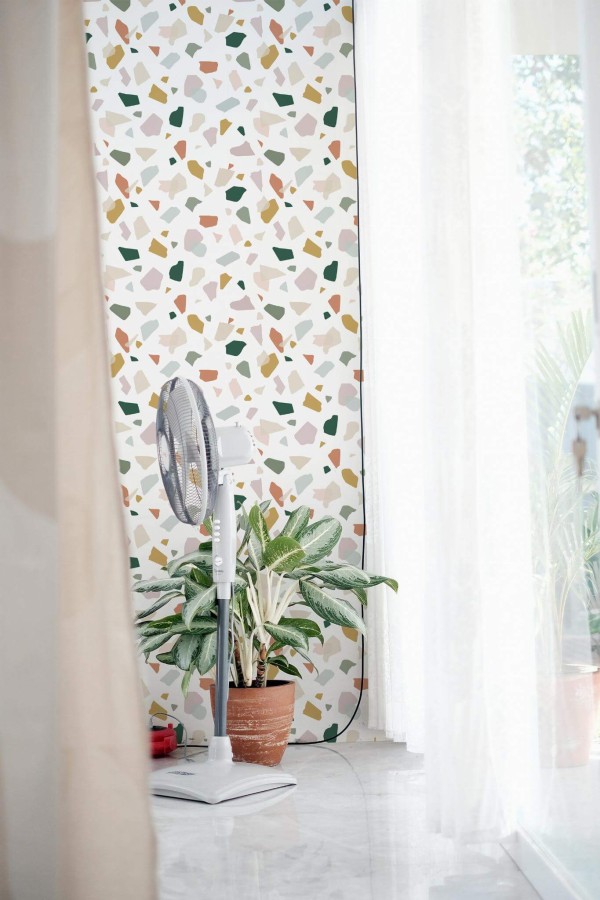 Minimal style living room decorated with Boho Terrazzo peel and stick wallpaper