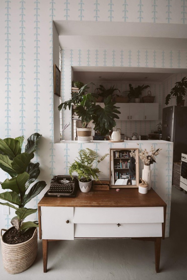Boho style living room and kitchen decorated with Boho tree peel and stick wallpaper and green plants