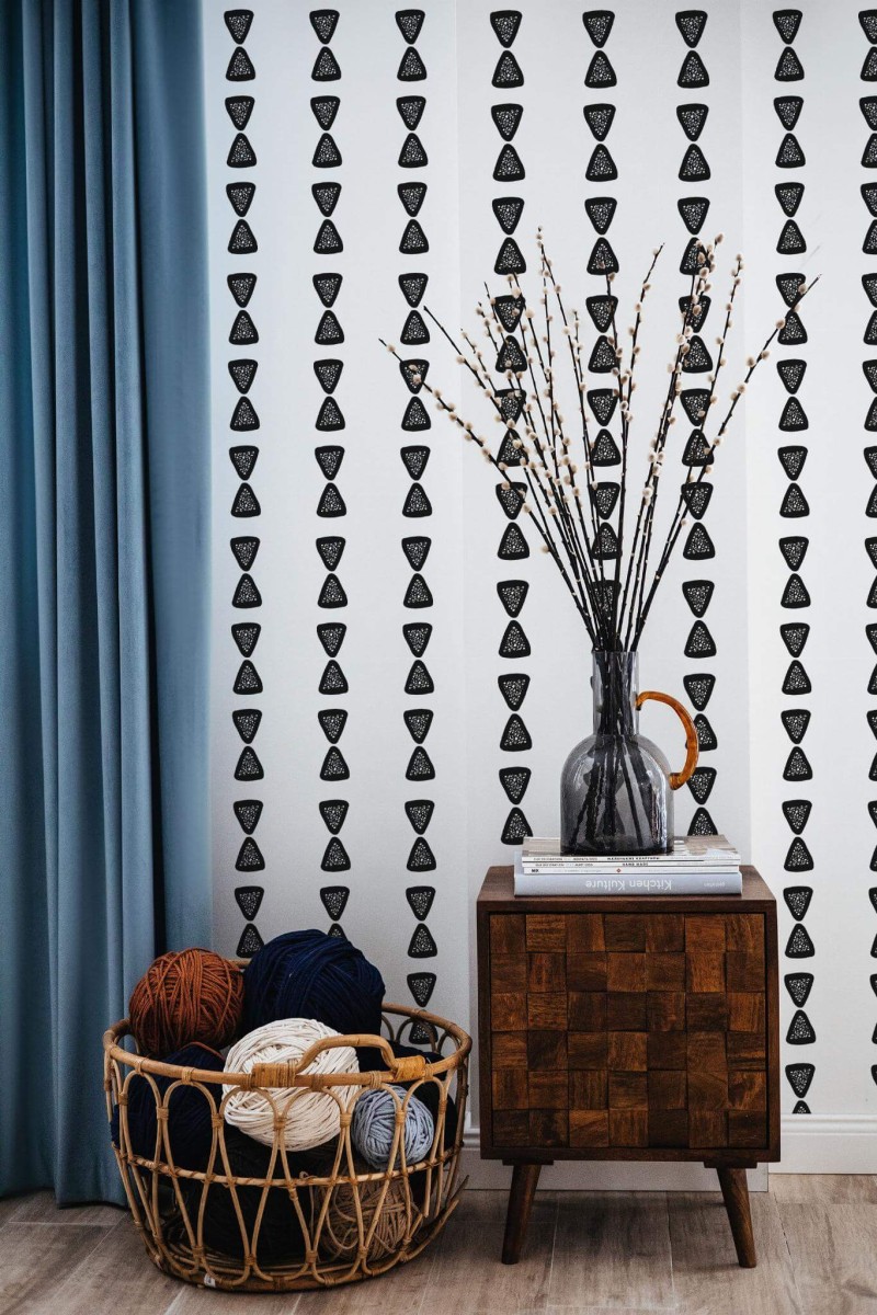 Coastal style living room decorated with Boho triangle stripes peel and stick wallpaper