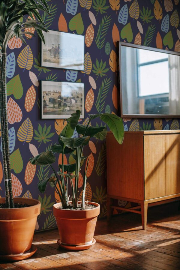 Mid-century modern style living room decorated with Bold abstract autumn leaves peel and stick wallpaper