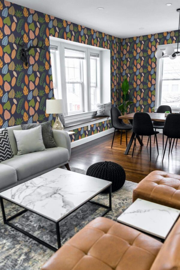 Mid-century modern scandinavian style living dining room decorated with Bold abstract autumn leaves peel and stick wallpaper