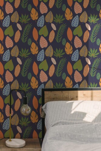 Minimal modern style bedroom decorated with Bold abstract autumn leaves peel and stick wallpaper