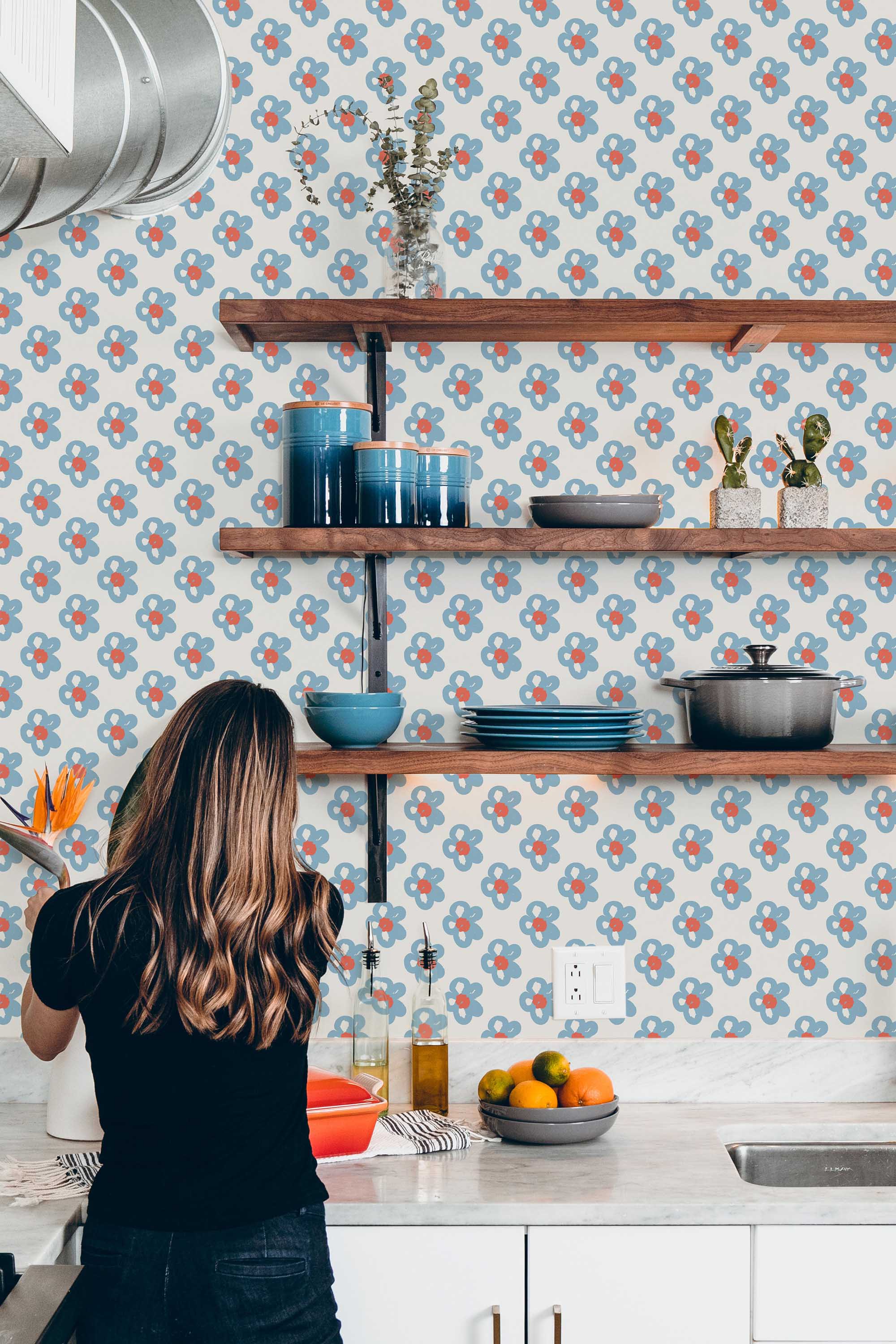 Fancy Walls removable wallpaper with vibrant abstract retro floral design.