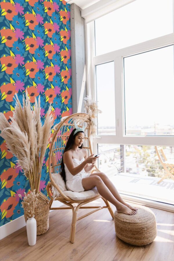 Boho style beauty salon decorated with Bold bright nail salon peel and stick wallpaper