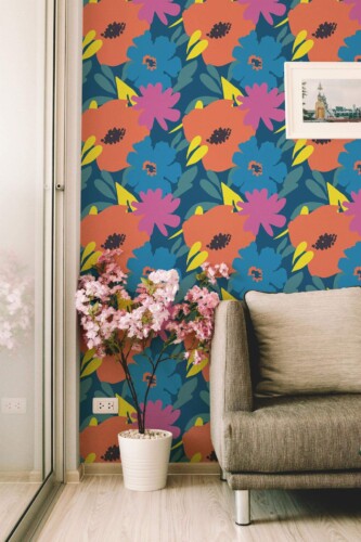 Modern farmhouse style living room decorated with Bold bright nail salon peel and stick wallpaper