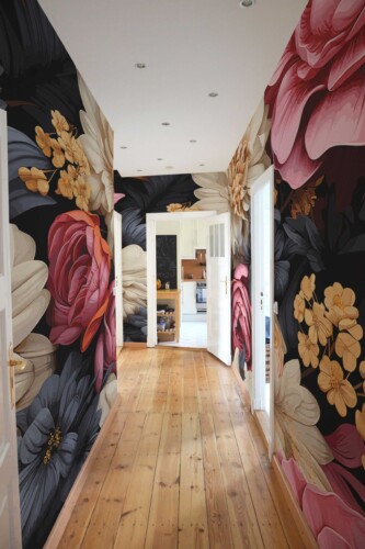 3D Imitation Aesthetic Floral Wall Mural with bold pink and gray florals in a three-dimensional effect, ideal for hallways and elegant accent walls.