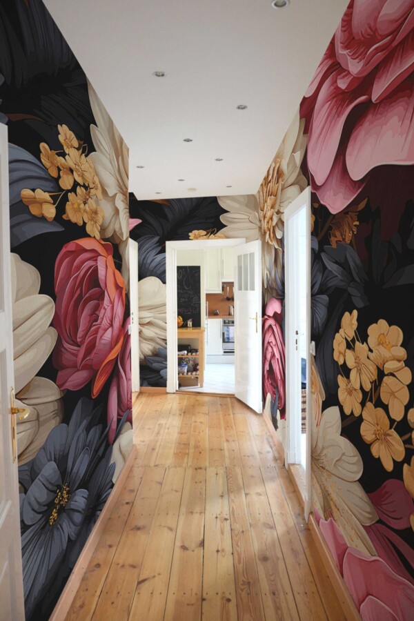 3D Imitation Aesthetic Floral Wall Mural with bold pink and gray florals in a three-dimensional effect, ideal for hallways and elegant accent walls.