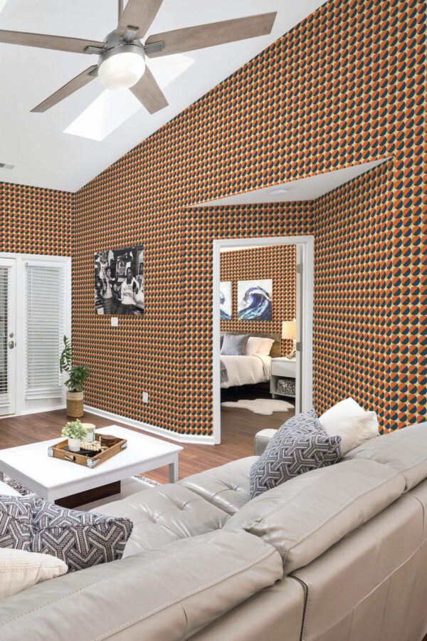 Coastal scandinavian style living room and bedroom decorated with Bold diagonal peel and stick wallpaper