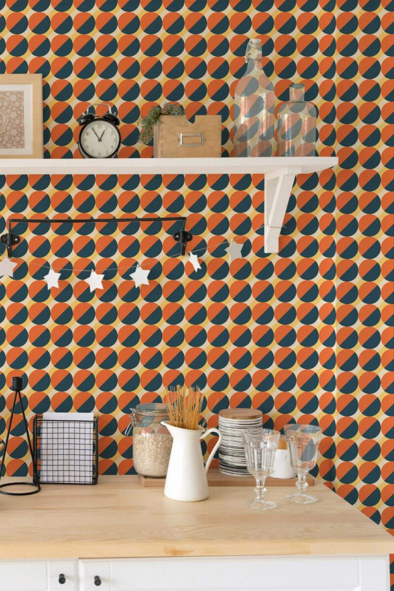 Light farmhouse style kitchen decorated with Bold diagonal peel and stick wallpaper