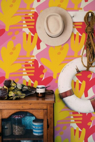 Coastal nautical style living room decorated with Bold floral beauty room peel and stick wallpaper