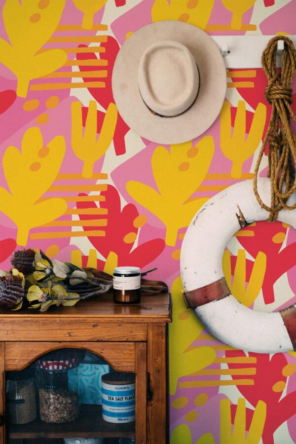 Coastal nautical style living room decorated with Bold floral beauty room peel and stick wallpaper