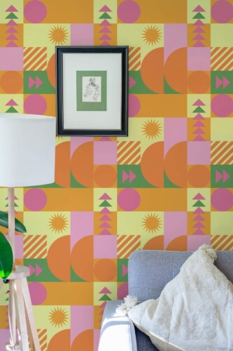 Eastern European style living room decorated with Bold geometric peel and stick wallpaper