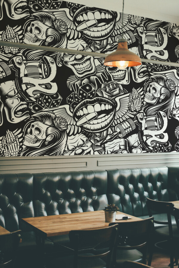 Graffiti Tattoo Art Wall Mural with black-and-white tattoo-inspired street art featuring skulls, clowns, lips, bullets, and wings, ideal for barber shops or urban interiors.