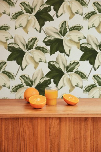 Mid-century style living room decorated with Bold green leaf peel and stick wallpaper