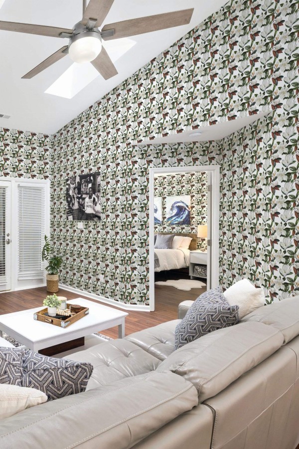 Coastal scandinavian style living room and bedroom decorated with Bold magnolia peel and stick wallpaper