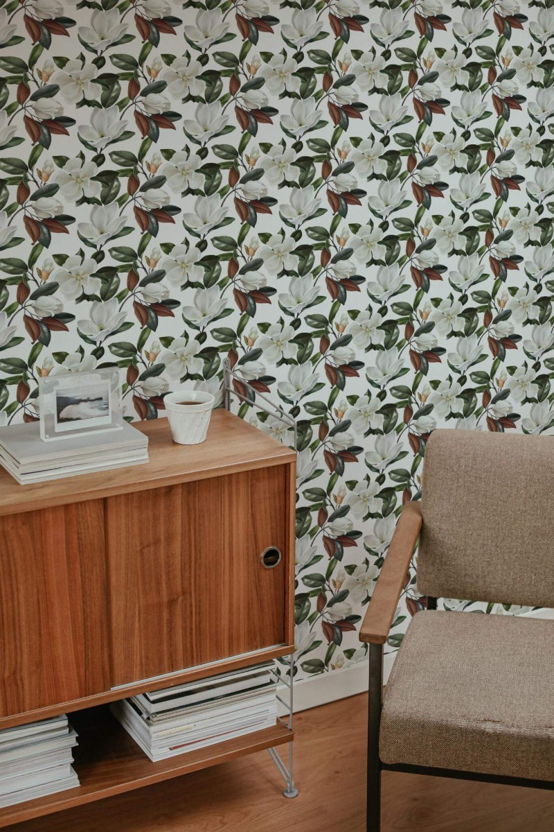 Mid-century style living room decorated with Bold magnolia peel and stick wallpaper