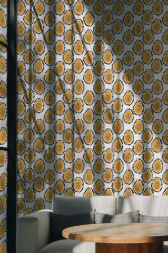 Scandinavian style living room decorated with Bold papaya peel and stick wallpaper
