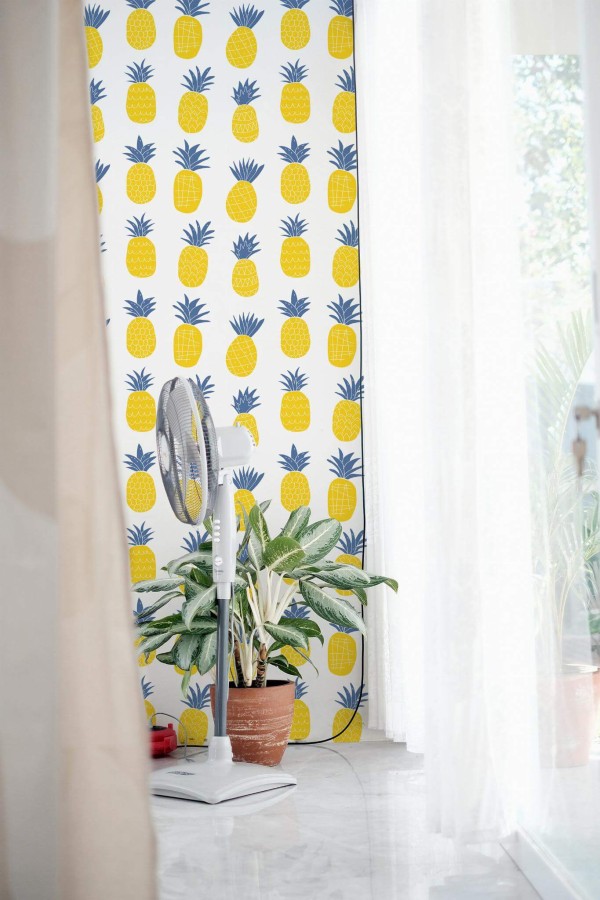 Minimal style living room decorated with Bold pineapple peel and stick wallpaper