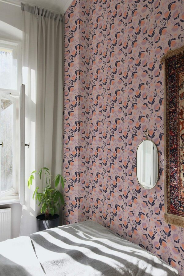 Bohemian style bedroom decorated with Bold pink and orange peel and stick wallpaper
