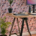 Scandinavian style home office decorated with Bold pink and orange peel and stick wallpaper