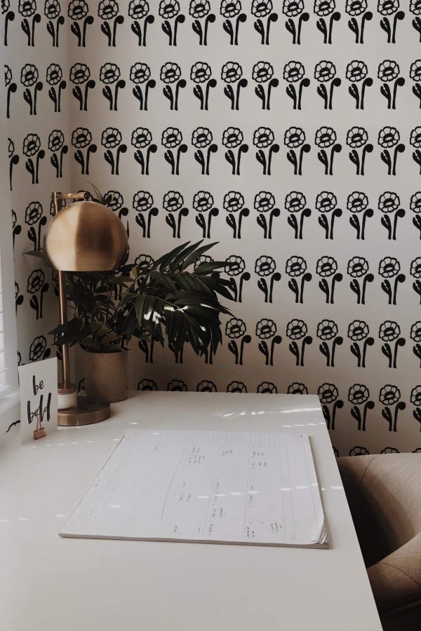 Rustic style home office decorated with Bold poppy floral peel and stick wallpaper