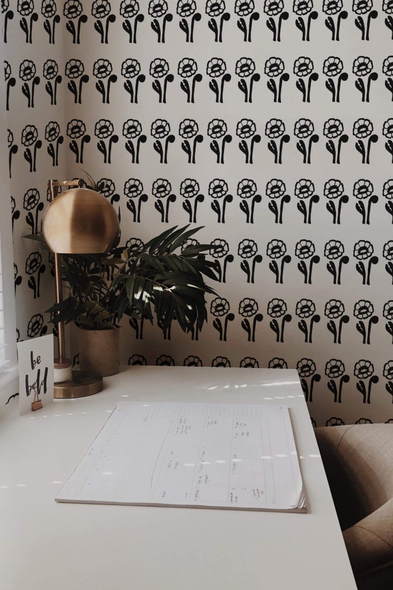 Rustic style home office decorated with Bold poppy floral peel and stick wallpaper