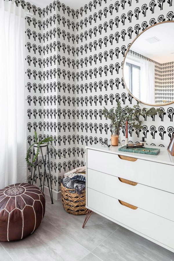 Scandinavian style bedroom decorated with Bold poppy floral peel and stick wallpaper and Mediterranean accents