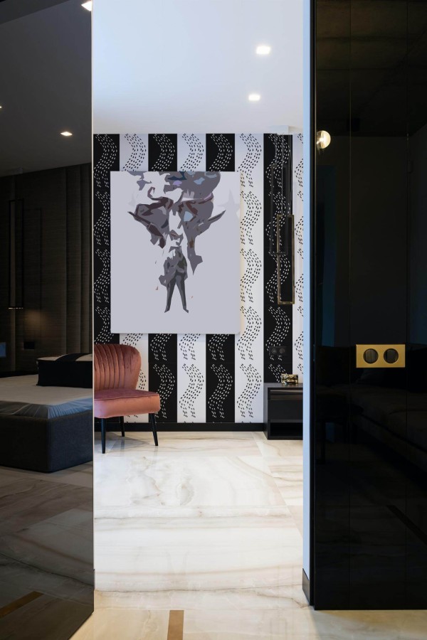 Art deco style bedroom decorated with Bold scandi peel and stick wallpaper