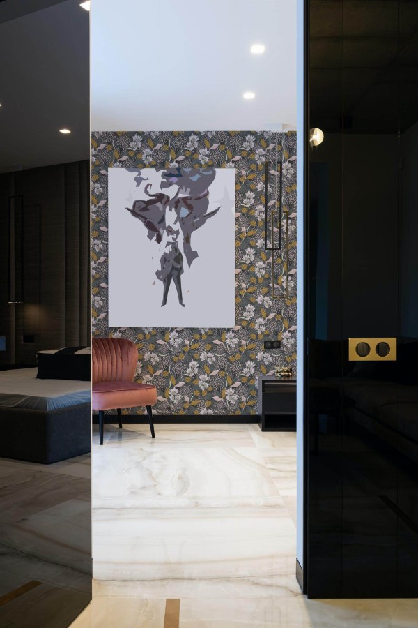 Art deco style bedroom decorated with Bold scandinavian Floral peel and stick wallpaper