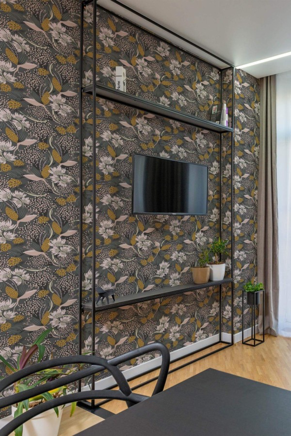 Industrial style living room decorated with Bold scandinavian Floral peel and stick wallpaper