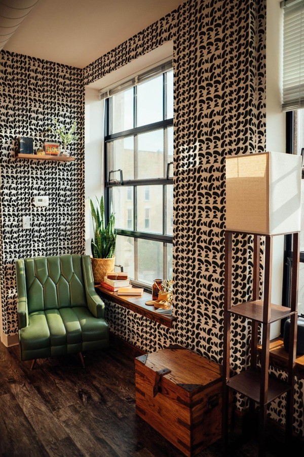 Mid-century style living room decorated with Bold shapes peel and stick wallpaper