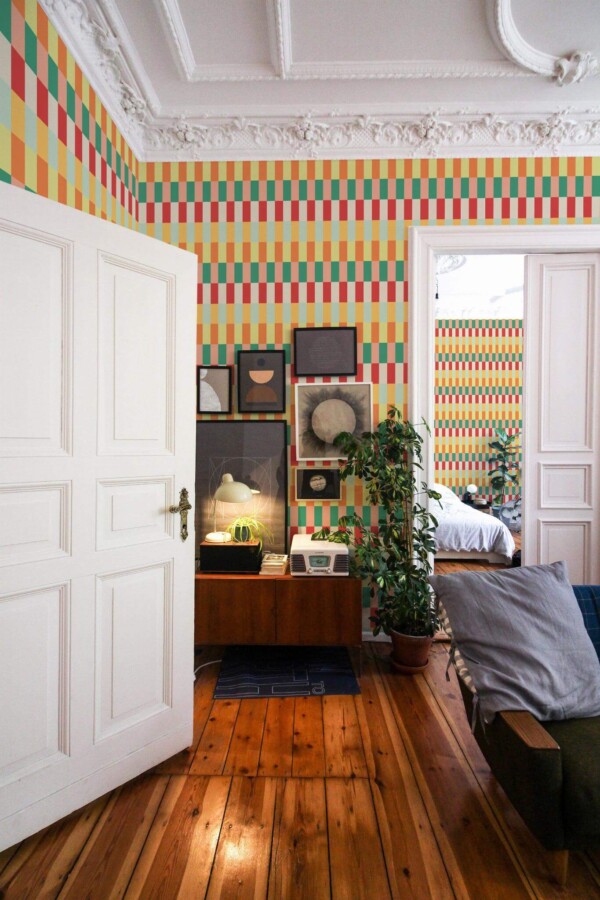 Mid-century modern luxury style living room and bedroom decorated with Bold stripes peel and stick wallpaper