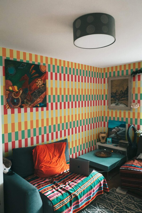 Rustic eclectic style living room decorated with Bold stripes peel and stick wallpaper