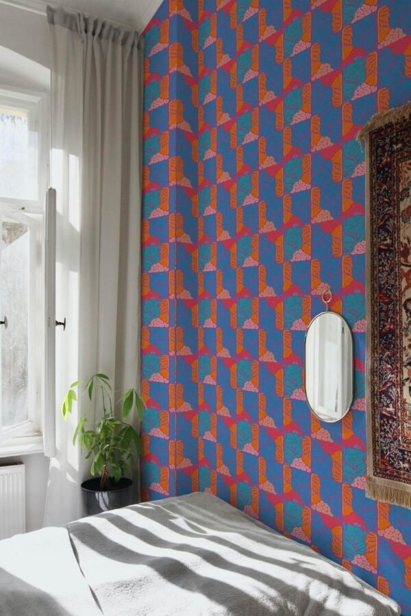 Bohemian style bedroom decorated with Bold transparent flowers peel and stick wallpaper