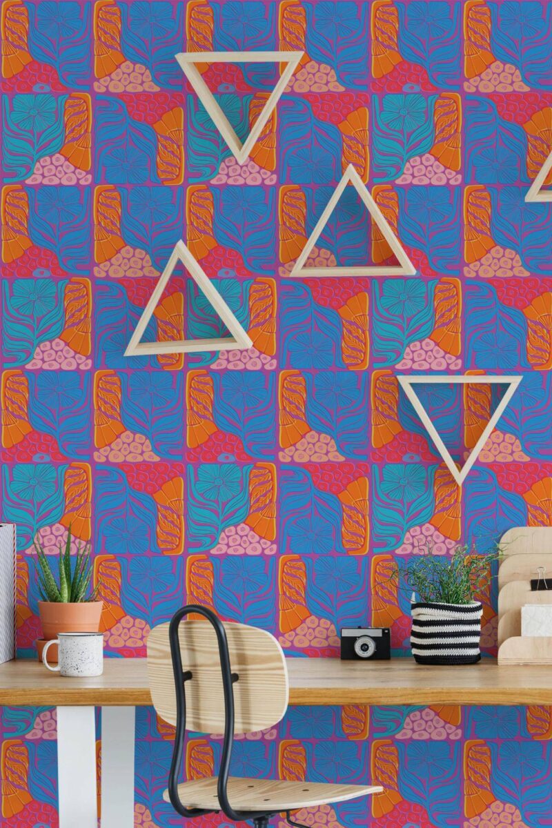 Scandinavian style home office decorated with Bold transparent flowers peel and stick wallpaper