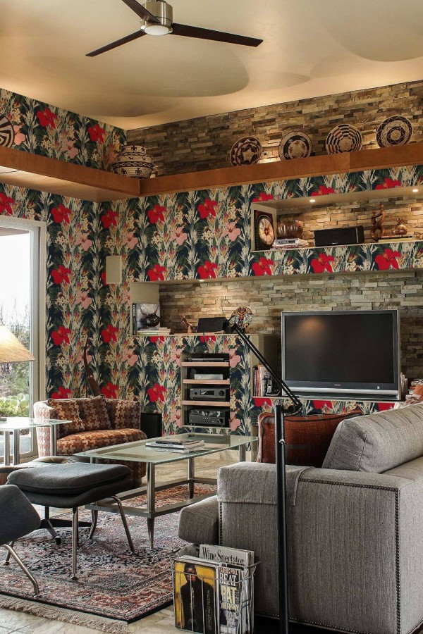 Scandinavian style living room decorated with Bold tropical floral peel and stick wallpaper and Mediterranean accents